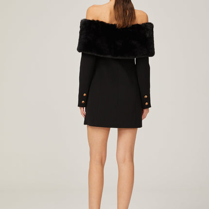 Debora Black Mini Dress with Off-Shoulder Silhouette and Faux-Fur Trim