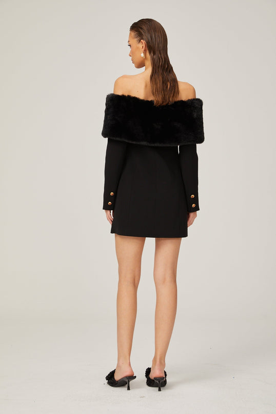 Debora Black Mini Dress with Off-Shoulder Silhouette and Faux-Fur Trim