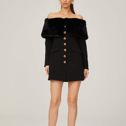 Debora Black Mini Dress with Faux-Fur Trim and Stone-Embellished Buttons