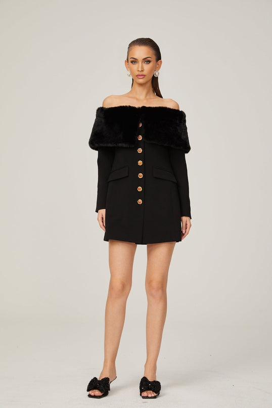 Debora Black Mini Dress with Faux-Fur Trim and Stone-Embellished Buttons