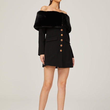 Debora Black Mini Dress with Faux-Fur Trim and Stone-Embellished Buttons