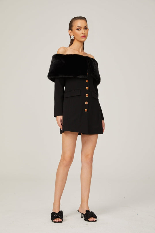 Debora Black Mini Dress with Faux-Fur Trim and Stone-Embellished Buttons