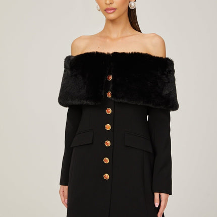 Debora Black Mini Dress with Faux-Fur Trim and Stone-Embellished Buttons
