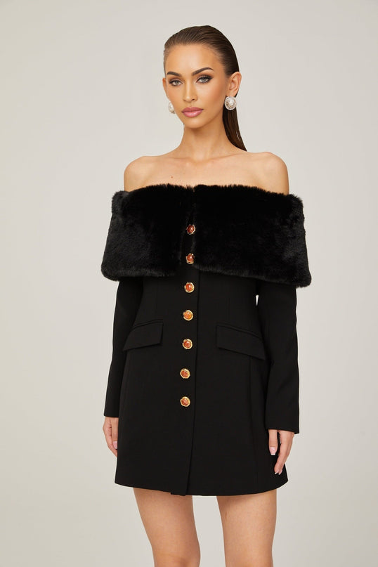 Debora Black Mini Dress with Faux-Fur Trim and Stone-Embellished Buttons