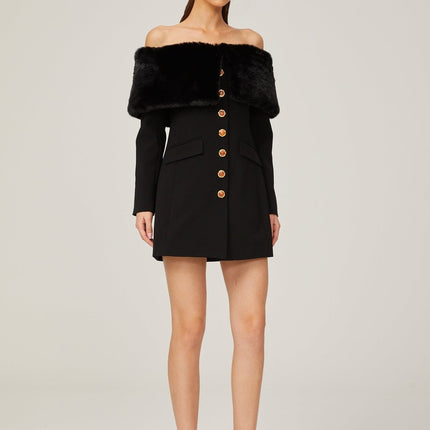 Debora Black Mini Dress faux-fur trim shawl design stone-embellished buttons front flap pockets long sleeves buttoned cuffs thigh-length dress upscale event sophistication allure