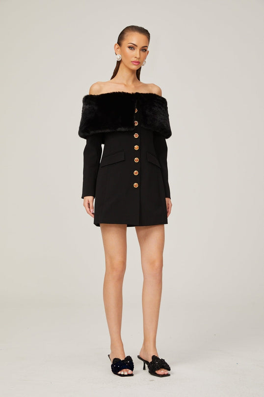 Debora Black Mini Dress faux-fur trim shawl design stone-embellished buttons front flap pockets long sleeves buttoned cuffs thigh-length dress upscale event sophistication allure