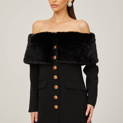 Debora Black Mini Dress Terylene Spandex Off-Shoulder Faux-Fur Trim Shawl Stone-Embellished Buttons Front Flap Pockets Long Sleeves Buttoned Cuffs Thigh-Length Dress