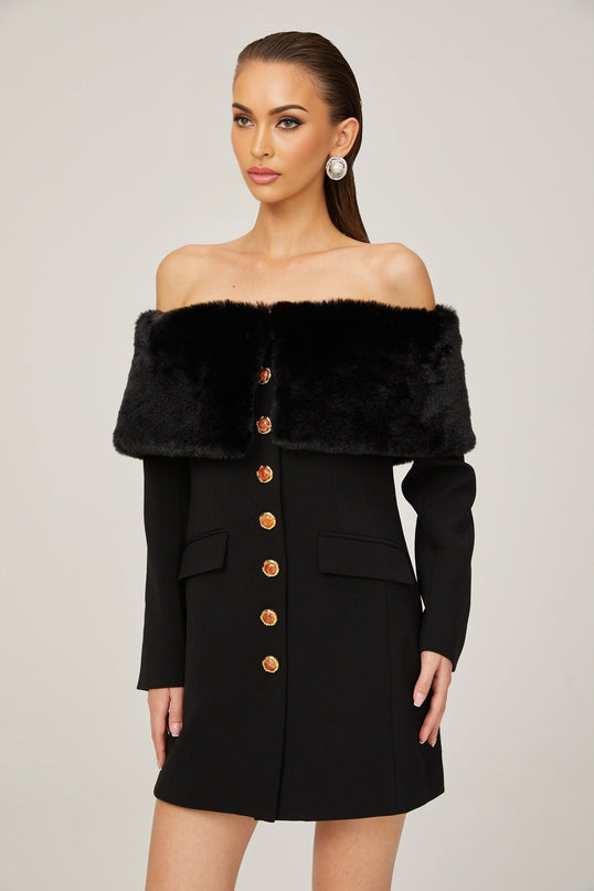 Debora Black Mini Dress Terylene Spandex Off-Shoulder Faux-Fur Trim Shawl Stone-Embellished Buttons Front Flap Pockets Long Sleeves Buttoned Cuffs Thigh-Length Dress