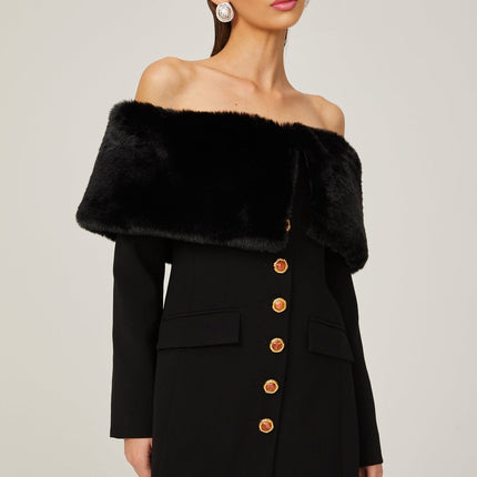 Debora Black Off-Shoulder Mini Dress with Faux-Fur Trim and Stone-Embellished Buttons