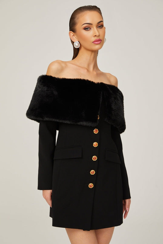Debora Black Off-Shoulder Mini Dress with Faux-Fur Trim and Stone-Embellished Buttons