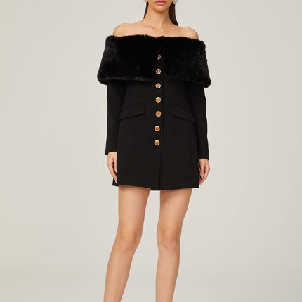 Debora Black Off-Shoulder Mini Dress with Faux-Fur Trim and Stone-Embellished Buttons