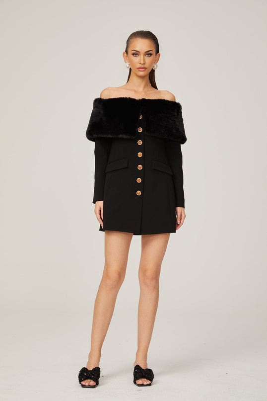 Debora Black Off-Shoulder Mini Dress with Faux-Fur Trim and Stone-Embellished Buttons