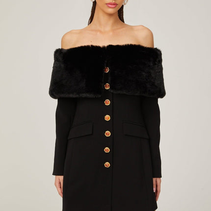 Debora Black Terylene Spandex Off-Shoulder Mini Dress with Faux-Fur Trim and Stone-Embellished Buttons