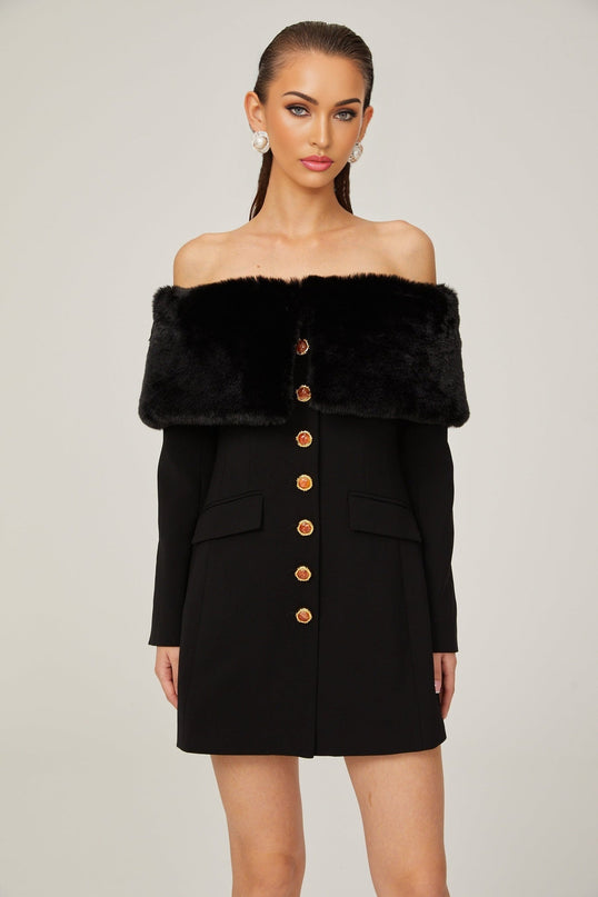 Debora Black Terylene Spandex Off-Shoulder Mini Dress with Faux-Fur Trim and Stone-Embellished Buttons