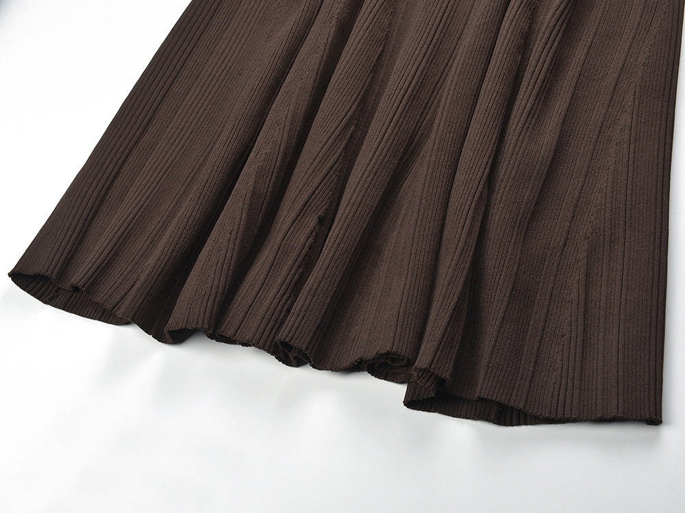 Deep Brown Ribbed Knit Maxi Dress with Gold Buttons