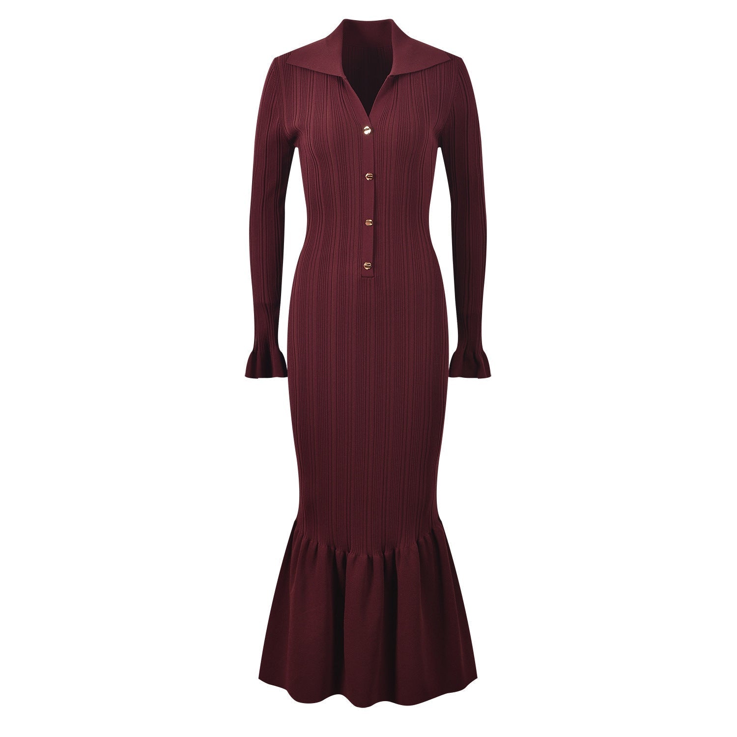 Deep burgundy fitted knit sweater with button details and flared sleeves