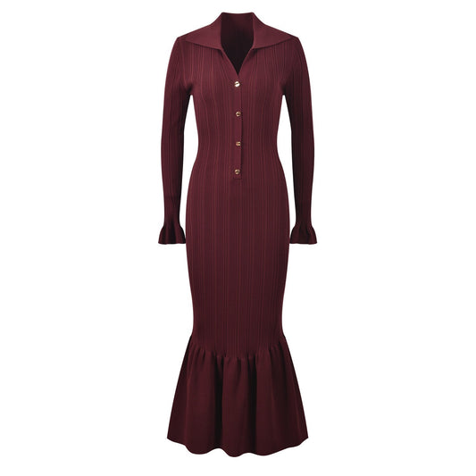 Deep burgundy fitted knit sweater with button details and flared sleeves