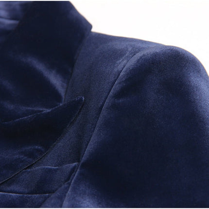 Deep Navy Blue Velvet Double-Breasted Power Suit with Gold-Tone Buttons