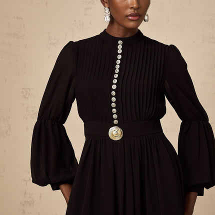 Delaney Black Pleated Midi Dress with Balloon Sleeves and Gold-Tone Button Detail
