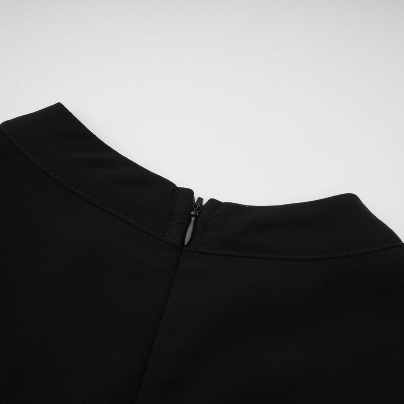 Delaney Black Pleated Midi Dress with Balloon Sleeves and Gold-Tone Buttons