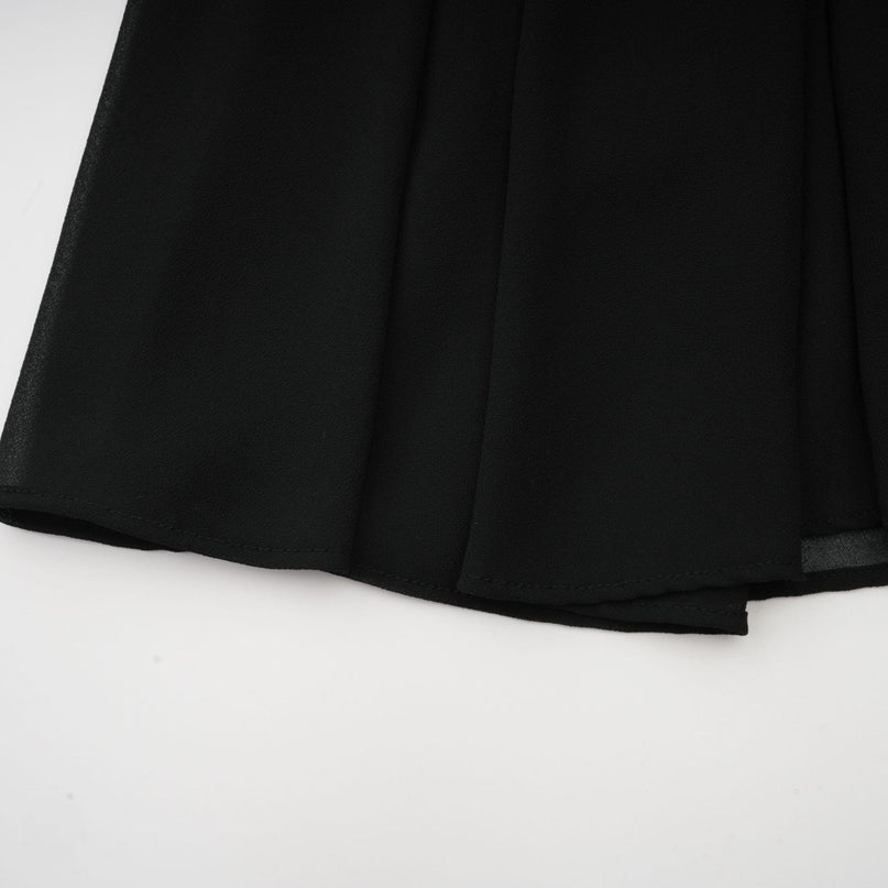 Delaney Black Pleated Midi Dress with Balloon Sleeves and Gold-Tone Buttons