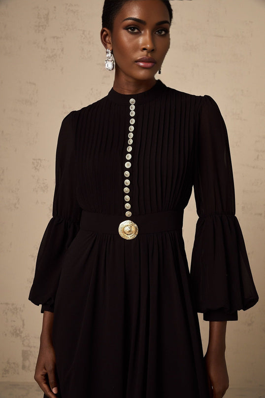 Delaney Black Pleated Midi Dress with Balloon Sleeves and Gold Buttons