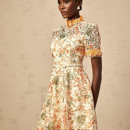 Delaney Orange Embroidered Mini Dress with Faux-Pearl Embellishments