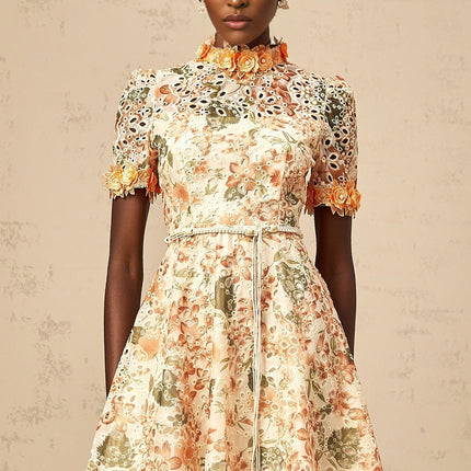 Delaney Orange Embroidered Mini Dress with Faux-Pearl Embellishments