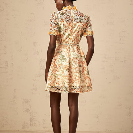Delaney Orange Embroidered Mini Dress with Faux-Pearl Embellishments