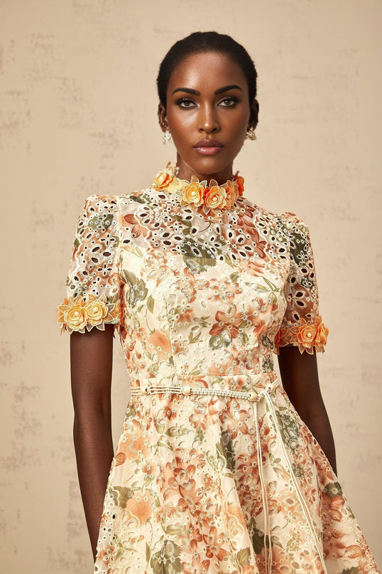 Delaney Orange Embroidered Mini Dress
