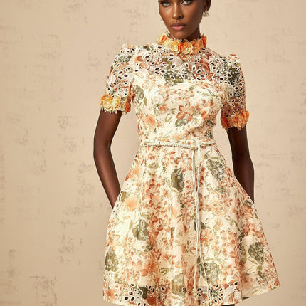 Delaney Orange Embroidered Mini Dress with Faux-Pearl Embellishments