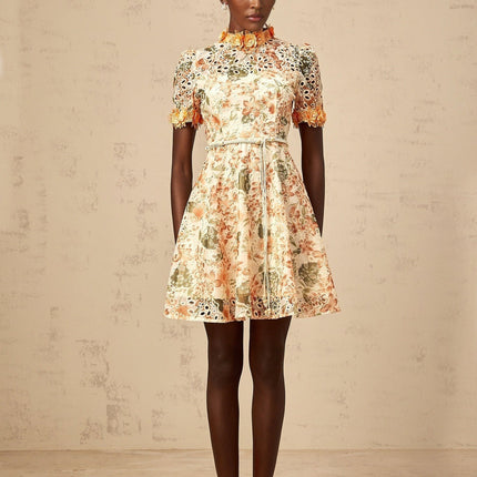 Delaney Orange Floral Embroidered Mini Dress with Faux-Pearl Embellishments