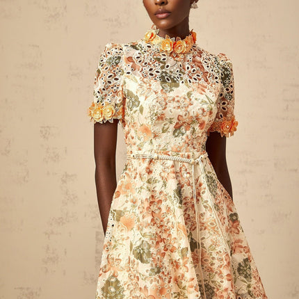 Delaney Orange Flower Embroidered Mini Dress