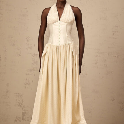 Delaney Vanilla Cream Halterneck Midi Dress with Stud Embellishments and Pleats
