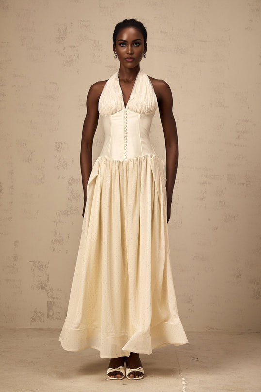 Delaney Vanilla Cream Halterneck Midi Dress with Stud Embellishments and Pleats