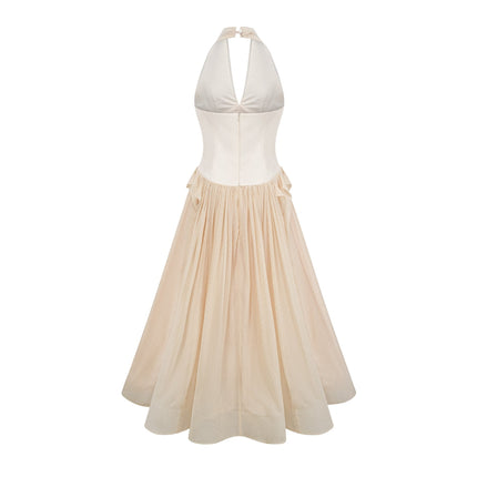 Delaney Vanilla Cream Halterneck Midi Dress with Stud Embellishments and Pleats