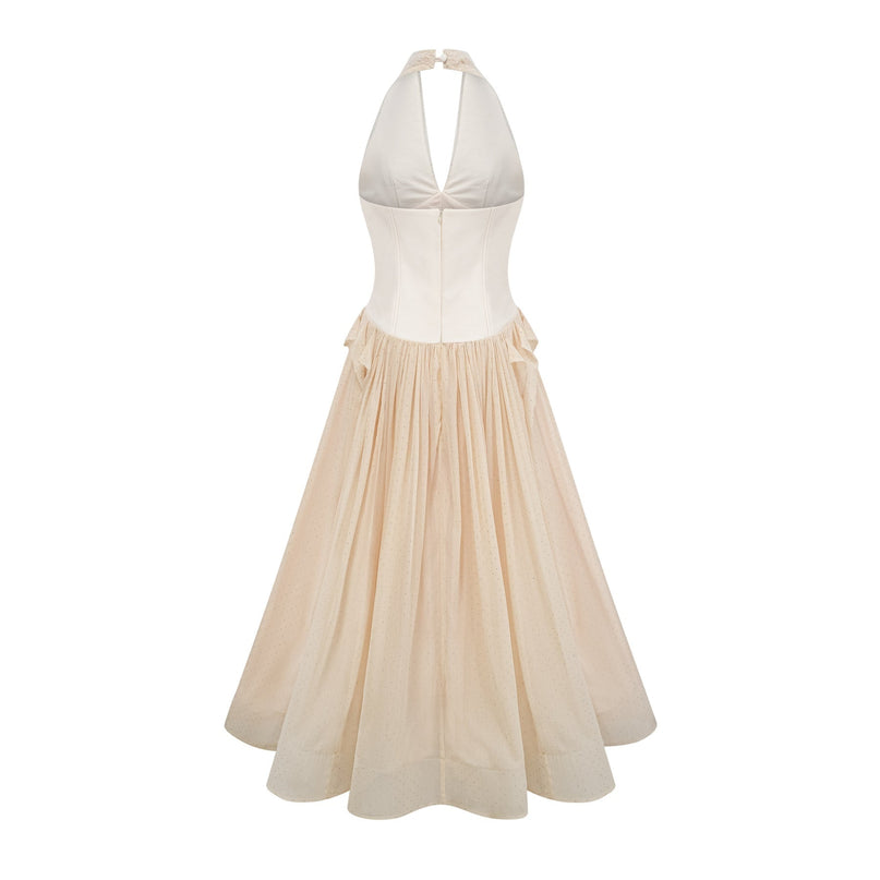 Delaney Vanilla Cream Halterneck Midi Dress with Stud Embellishments and Pleats