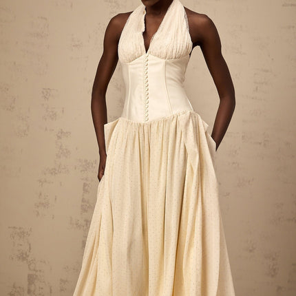 Delaney Vanilla Cream Halterneck Midi Dress with Stud Embellishments and Pleats