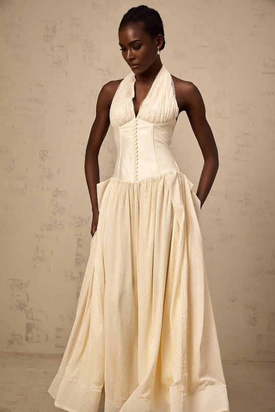 Delaney Vanilla Cream Halterneck Midi Dress with Stud Embellishments and Pleats