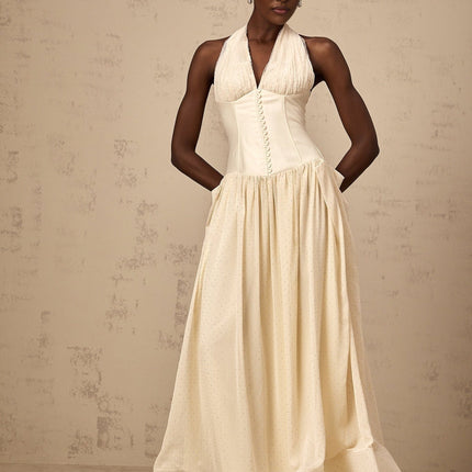 Delaney Vanilla Cream Halterneck Stud Embellished Midi Dress