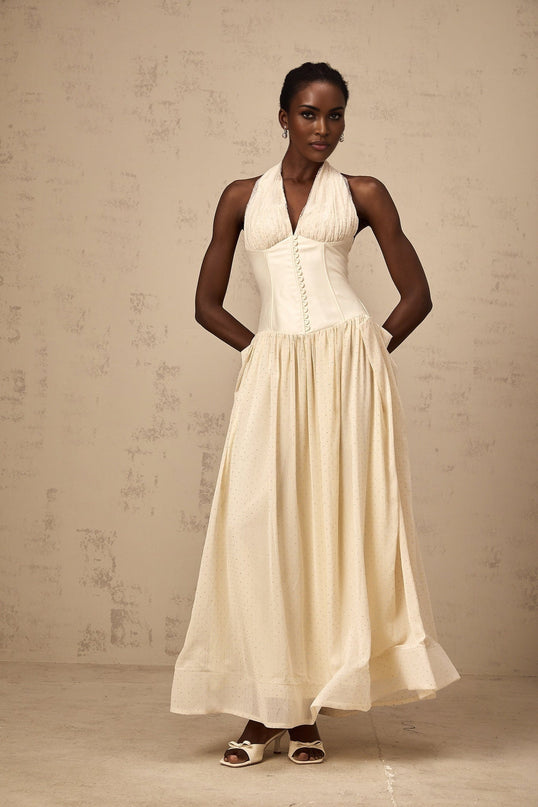 Delaney Vanilla Cream Halterneck Stud Embellished Midi Dress
