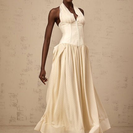 Delaney Vanilla Cream Halterneck Studded Pleated Midi Dress Polyester Silk Blend Elegant