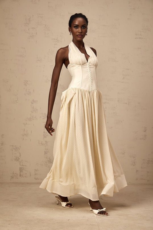 Delaney Vanilla Cream Halterneck Studded Pleated Midi Dress Polyester Silk Blend Elegant