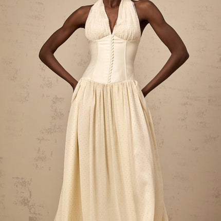 Delaney Vanilla Cream Halterneck Midi Dress with Stud Embellishments and Pleats