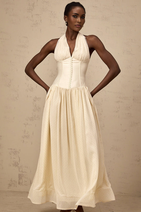 Delaney Vanilla Cream Halterneck Midi Dress with Stud Embellishments and Pleats