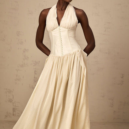 Delaney Vanilla Cream Halterneck Stud Embellished Pleated Midi Dress