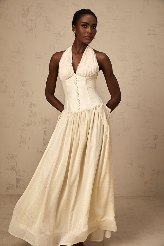 Delaney Vanilla Cream Halterneck Stud Embellished Pleated Midi Dress