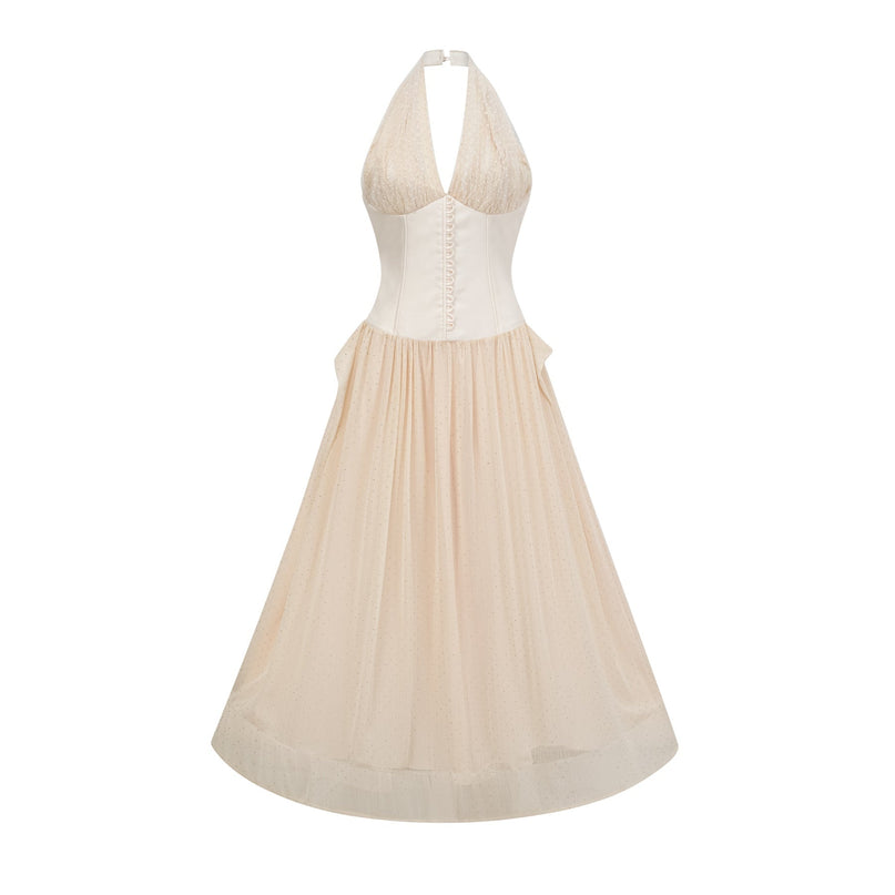 Delaney Vanilla Cream Halterneck Midi Dress with Stud Embellishments and Pleats