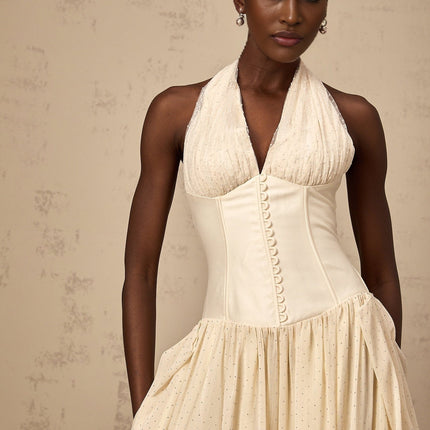 Delaney Vanilla Cream Halterneck Midi Dress with Stud Embellishments and Pleats