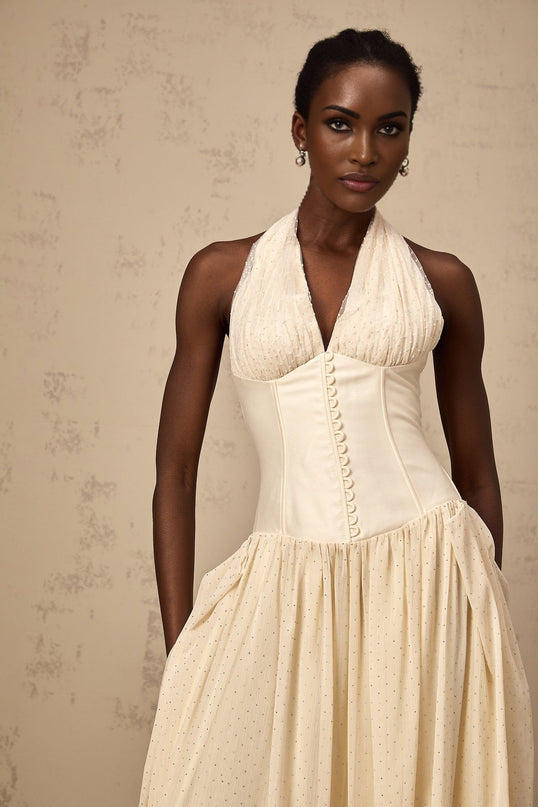 Delaney Vanilla Cream Halterneck Midi Dress with Stud Embellishments and Pleats